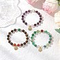 3шт. браслеты из круглых бусин из натурального полосатого агата, аметиста, тигрового глаза, розового кварца и кварцевого кристалла для женщин, с латунными микропаве прозрачными кубическими циркониями браслеты с подвесками в виде солнца для женщин