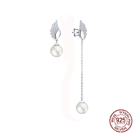Boucles d'oreilles à tige en argent sterling plaqué rhodium avec micro pavé de zircones cubiques, boucles d'oreilles asymétriques pour femmes, avec perles rondes nacrées