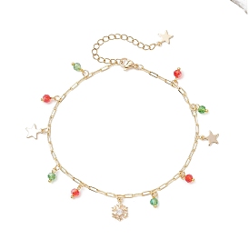 Рождественские браслеты на ногу с цепочкой из латунных скрепок, украшенные прозрачными кубическими цирконами и звездой из нержавеющей стали и круглой стеклянной кисточкой, красный и зеленый