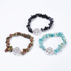 Bracelets en perles de pierres précieuses naturelles, avec 304 accessoires en acier inoxydable, plat rond avec la vie de l'arbre