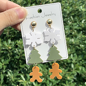 Акриловые серьги-гвоздики с рождественской тематикой, Рождественская елка с снежинки, золотые