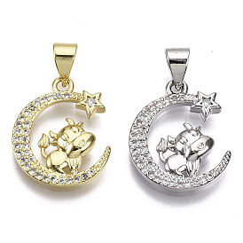 Brass Micro Pave Cubic Zirconia Pendants, Moon with Cattle, Nickel Free