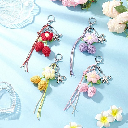 4 шт. брелки с цветами из хлопка, связанные крючком вручную, с карабинами из железного сплава, цветок с бантом, платина