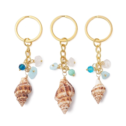 Llavero de concha espiral natural y jade blanco natural y cristal, con llaveros de hierro., cáscara