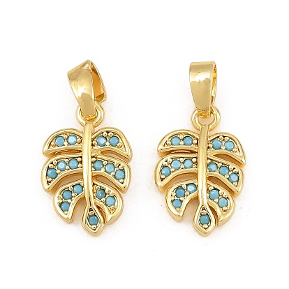 Brass Micro Pave Sky Blue Cubic Zirconia Charms, Leaf Charms