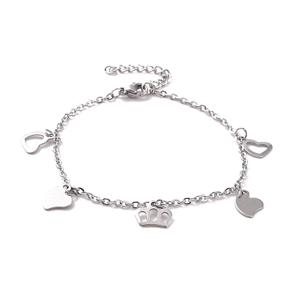 201 Stainless Steel Crown & Heart Charms Bracelet with 304 Stainless Steel Chains for Women