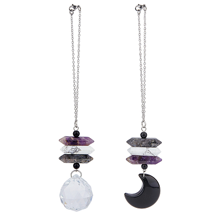 2 шт. 2 стили натуральный ларвикит и хаулит и аметист двухконечный точечный кулон украшение, натуральный обсидиан луна и стеклянная капля подвесное украшение для автомобиля