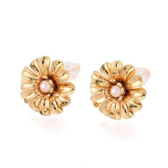 Серьги-гвоздики из искусственного жемчуга из латуни и АБС-пластика, цветок, без никеля 