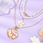 3Pcs 3 Styles Natural Shell Flower Pendant 304 Stainless Steel Cable Chain and Brass Paperclip Chain Necklace Sets, with Shell Pearl, White