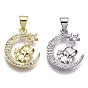 Brass Micro Pave Cubic Zirconia Pendants, Moon with Cattle, Nickel Free