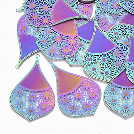 Ion Plating(IP) 304 Stainless Steel Filigree Big Pendants, Etched Metal Embellishments, Teardrop