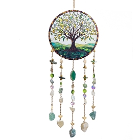 Tree of Life Stained Acrylic Suncatcher, Glass and Natural Amazonite & Quartz Crystal Bead for Home Bedroom Garden Wall Decor