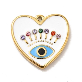 Ion Plating(IP) 304 Stainless Steel Rhinestone Pendants, with Enamel, Golden, Heart with Eye