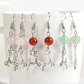 Natural Gemstone Dangle Earrings, Alloy Christmas Deer Jewelry for Women