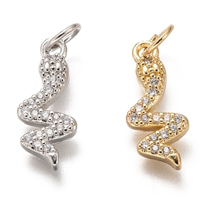 Brass Micro Pave Clear Cubic Zirconia Pendants, Long-Lasting Plated, with Jump Ring, Snake