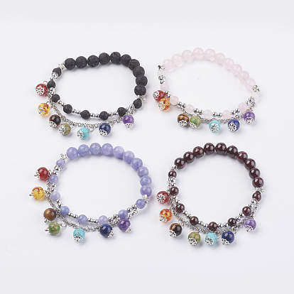 Natural & Synthetic Mixed StoneStretch Bracelets, with Tibetan Style Alloy Star Beads, and 304 Stainless Steel Cross Rolo Chains, Antique Silver