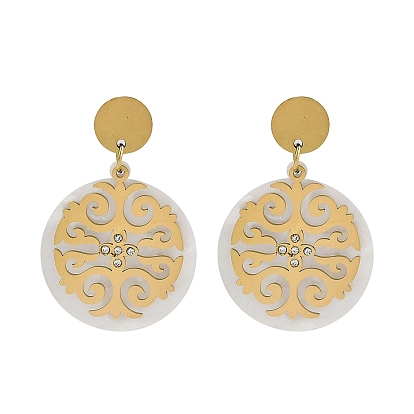 Ионное покрытие (ip) 304 плоские круглые серьги-гвоздики из нержавеющей стали для женщин, с пластиковой имитацией фрагмента ракушки и стразами