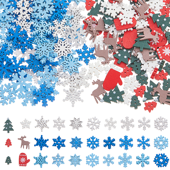 200шт. печатных деревянных пуговиц, разнообразные, Новогодняя тема, 2-луночное