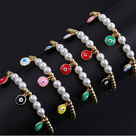 Stylish Elastic Pearl Beaded Devil Eye Bracelet for Women - European Copper Plating with Real Gold Droplets