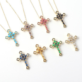 Bohemian Style Colorful CZ Cross Pendant Women's Fashion Religious Collarbone Necklace