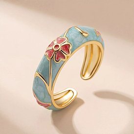 Anillos abiertos de latón esmaltado para mujer, patrón de flores, dorado