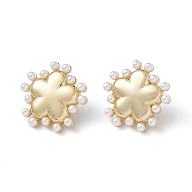 Long-Lasting Plated Brass Stud Earrings with Plastic Pearl for Women, Lead Free & Cadmium Free, Flower