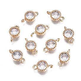 Brass Micro Pave Clear Cubic Zirconia Links Connectors, Long-Lasting Plated, Cadmium Free & Lead Free, Flat Round