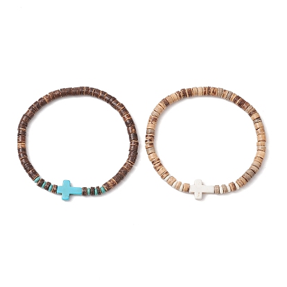 2Pcs Cross Natural Coconut & Synthetic Turquoise Beads Stretch Bracelets for Men