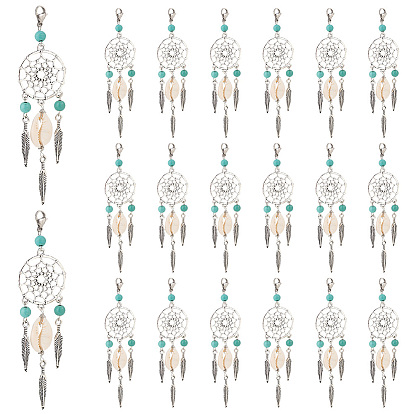 20шт. синтетическая бирюзовая сплавная плетеная сетка/паутина с подвесными украшениями в виде перьев, с раковиной каури и 304 застежками из лобстера из нержавеющей стали