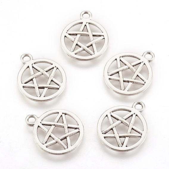 Tibetan Style Alloy Flat Round with Star Charms, Wicca Charms, Pentacle, Cadmium Free & Lead Free, 20.5x16.9x1.7mm, Hole: 2.2mm