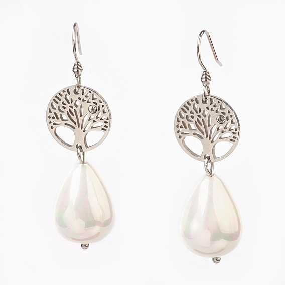 Natural Teardrop Shell Pearl Beads Dangle Earrings, with 316 Surgical Stainless Steel Cubic Zirconia Findings and 304 Stainless Steel Earring Hooks, with Packing Box