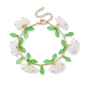 Flower Glass & Acrylic Charm Bracelets, Brass Bar Link Chain Bracelets for Women