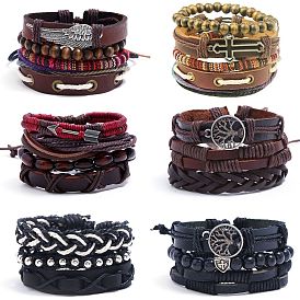 Retro Leather Bracelet Set for Men - Multi-layered Beaded Weave with Vintage Charm
