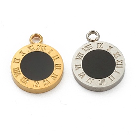 Fashion 304 Stainless Steel Enamel Charms, Flat Round with Black Roman Numerals