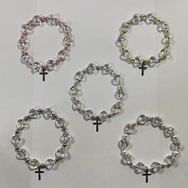 Glass Pearl & Glass Beads Stretch Bracelets, with 304 Stainless Steel Cross Pendants