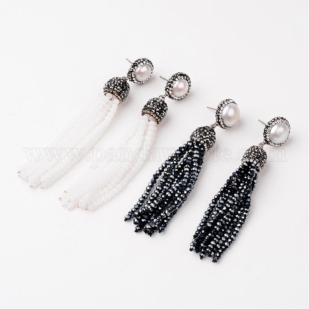 Wholesale Glass Tassel Earrings, with Pearl, Polymer Clay Rhinestone