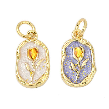 Латунь эмаль подвески, с целью перехода в кольце, овал с цветочными подвесками, стойки покрытие, прочное покрытие, без кадмия и без свинца, реальный 18 k позолоченный