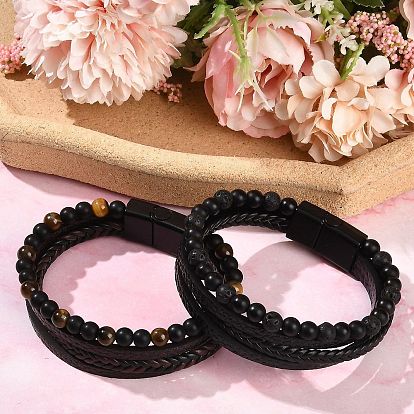 Браслеты из натуральных драгоценных камней и круглых стеклянных бусин, многорядные браслеты из искусственной кожи для мужчин и женщин, Сплав с магнитными застежками