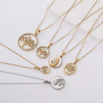 304 Collares con colgante de árbol de la vida virgen de cristal de acero inoxidable y diamantes de imitación para mujer, con resina, blanco