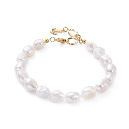 Natural Baroque Pearl Keshi Pearl Beaded Bracelets, with 304 Stainless Steel Lobster Claw Clasps, Brass Twist Links & Anchor Charms