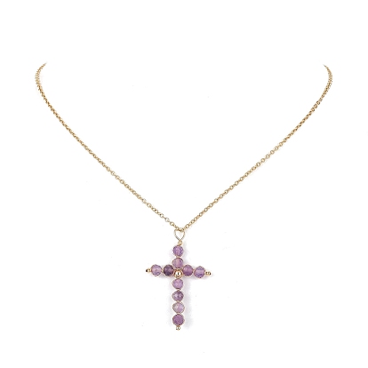 Natural Mixed Gemstone Beaded Cross Pendant Necklace, Golden Stainless Steel for Women