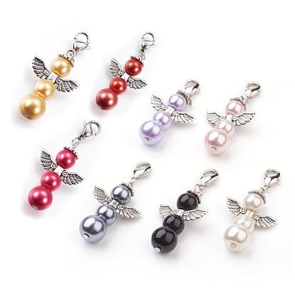 Alloy Pendants, with Brass Lobster Claw Clasps and Glass Pearl, Angel, Antique Silver