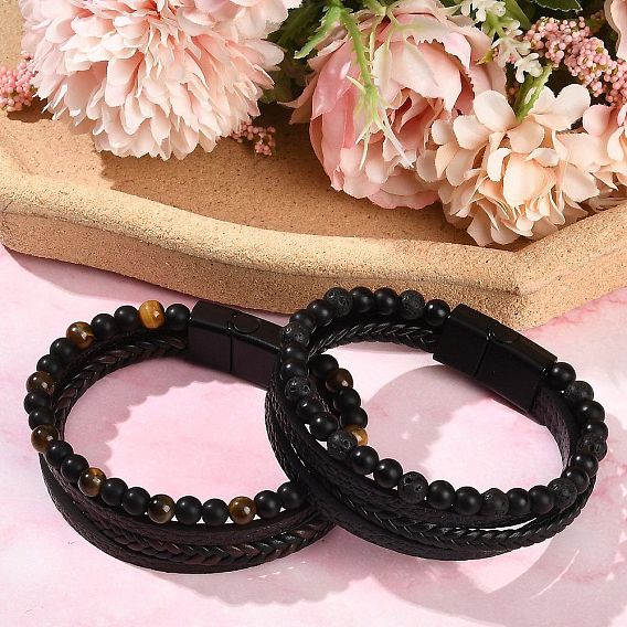 Браслеты из натуральных драгоценных камней и круглых стеклянных бусин, многорядные браслеты из искусственной кожи для мужчин и женщин, Сплав с магнитными застежками