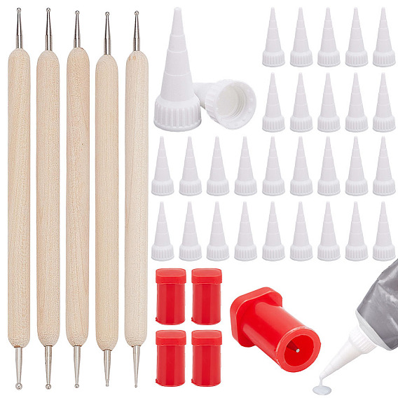 5Pcs Plastic Glue Bottle Anti-clogging Needle, with 40Pcs Plastic Glue Bottle Tip Caps and 5Pcs Wood Point Drill Pen, with Iron Head