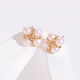 Vintage French Style Clover 5MM Freshwater Pearl Silver Stud Earrings for Women