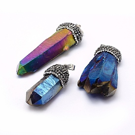 Electroplated Natural Quartz Crystal Pointed Pendants, with Brass Polymer Clay Rhinestone Findings, Nuggets, Platinum