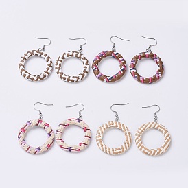 Dangle Earring, with Raffia Woven Pendants and Stainless Steel Findings, Ring