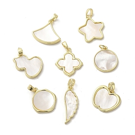 Brass Pave Shell Pendants, Geometric Charms, Star/Gourd/Fan/Flat Round/Flower/Wing/Polygon/Apple, Real 18K Gold Plated