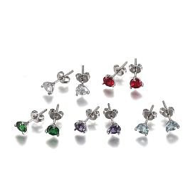 Латунь кубического циркония серьги стержня, серьги-гвоздики с завинчивающейся задней крышкой, со шпилькой из стерлингового серебра и ушными гайками, плоско-круглые, серебряный цвет гальваническим