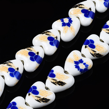 Handmade Porcelain Ceramic Beads Strands, Flower Printed, Heart